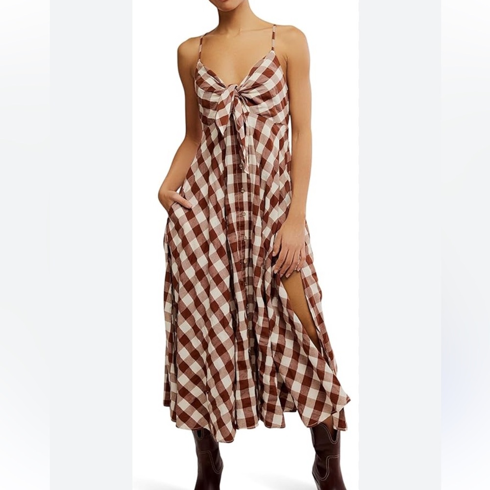 NWOT Free People Brown and White Checkered Midi Dress